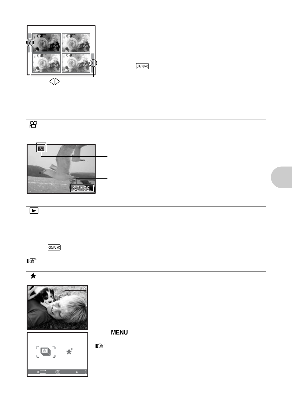 Recording movies, Viewing still pictures/selecting playback mode, Viewing “my favorite | Butt on op erati on s | Olympus µ 830 User Manual | Page 13 / 80