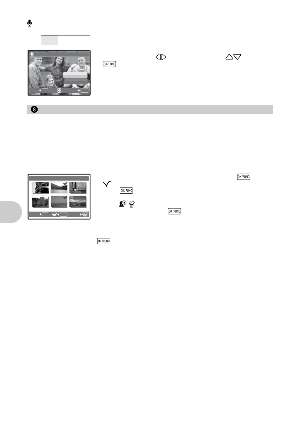Adding sound to still pictures, Erase selected pictures/erase all pictures, Erase by selecting the single-frame | Menu ope rati ons, Erase, Sel. image, All erase | Olympus µ 830 User Manual | Page 32 / 80