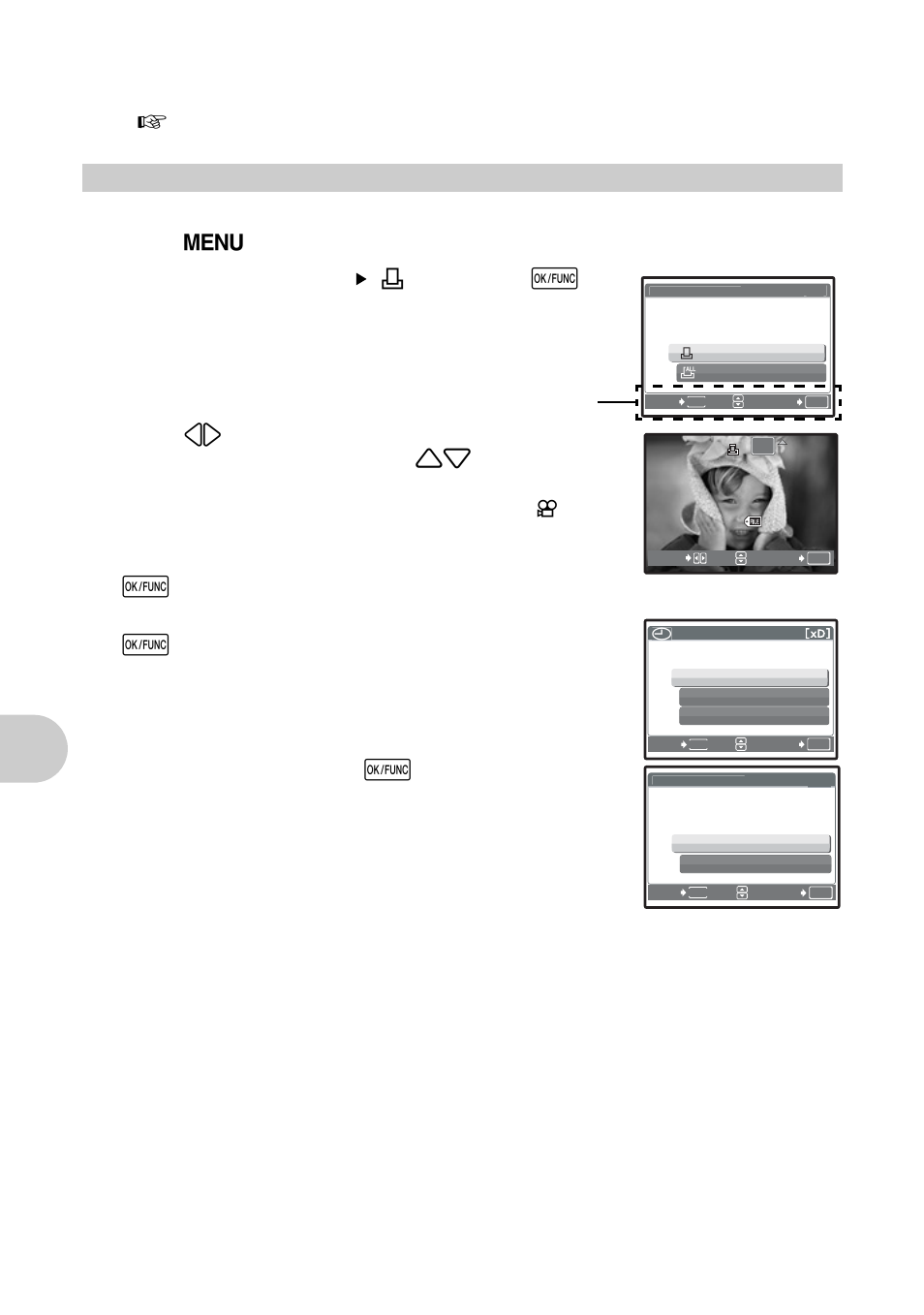 Single-frame reservation, Pri nti ng pi ct ures, Select [print order] [ < ], and press e | When you finish making print reservations, press e | Olympus µ 830 User Manual | Page 42 / 80
