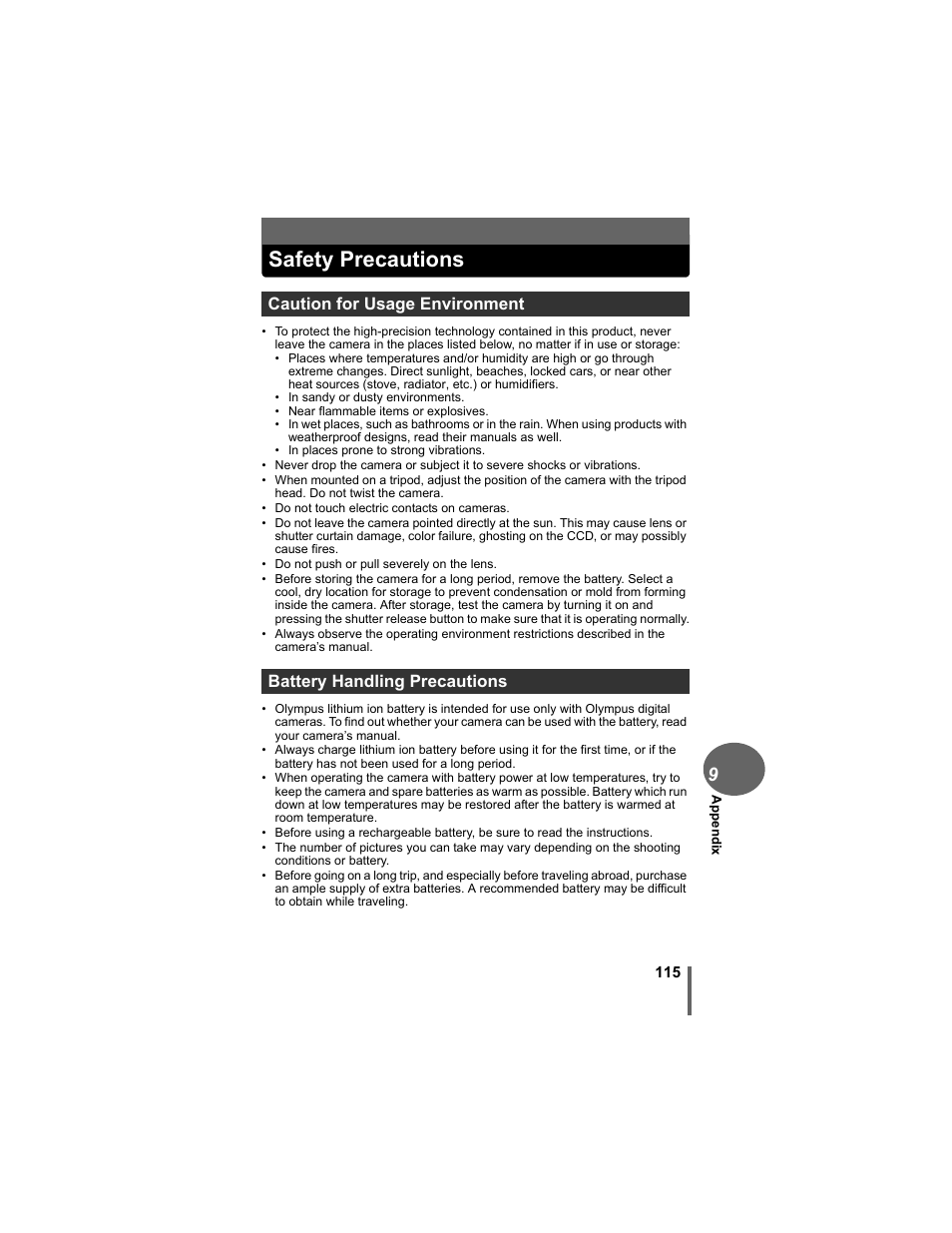Safety precautions | Olympus FE-5500 User Manual | Page 115 / 134