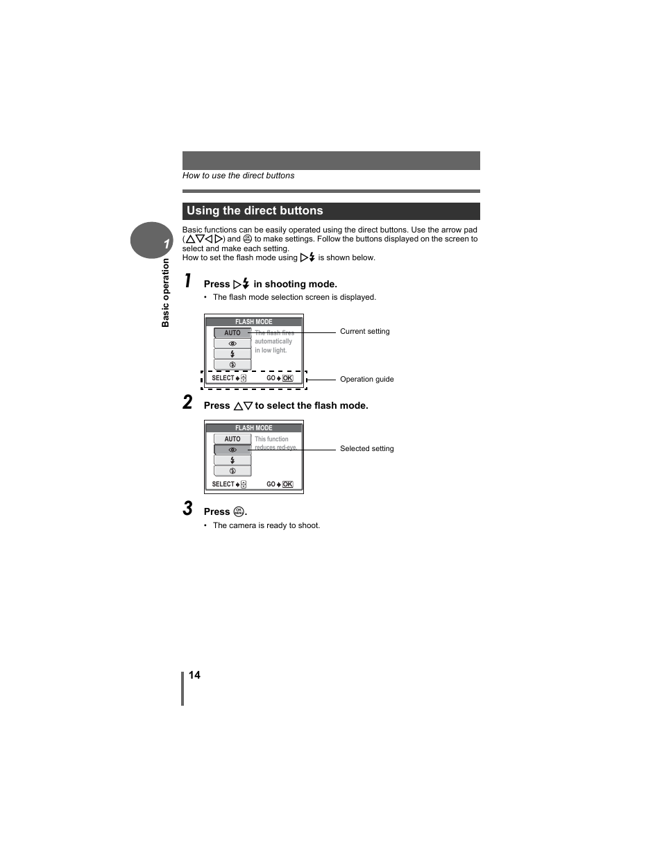 Using the direct buttons | Olympus FE-5500 User Manual | Page 14 / 134