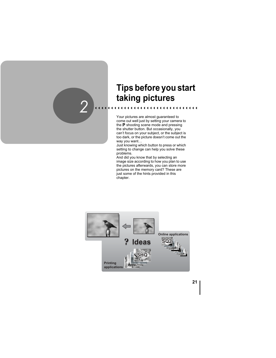 2 tips before you start taking pictures, Tips before you start, Taking pictures | P. 21, Tips before you start taking pictures, Ideas | Olympus FE-5500 User Manual | Page 21 / 134