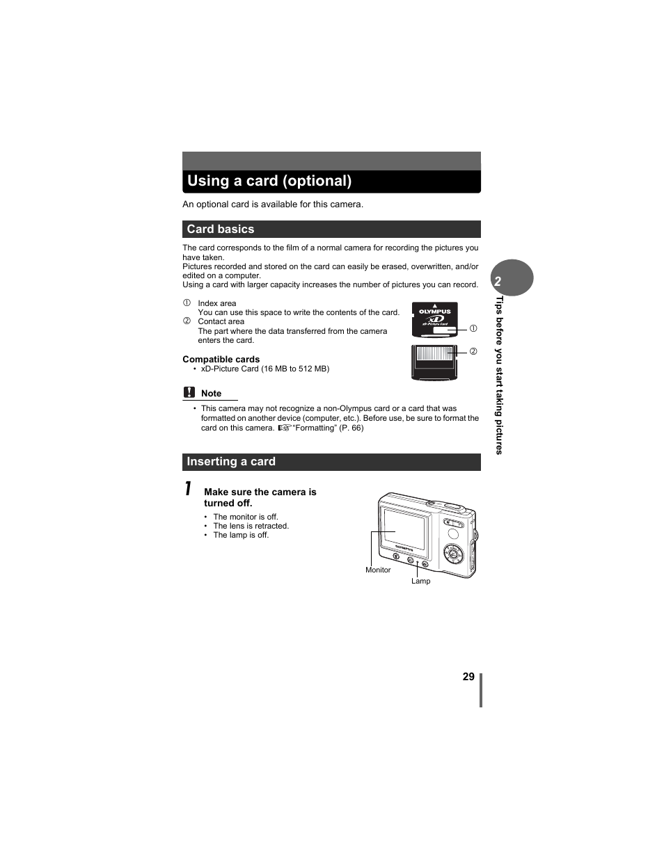 Using a card (optional), Card basics, Inserting a card | Card basics inserting a card | Olympus FE-5500 User Manual | Page 29 / 134