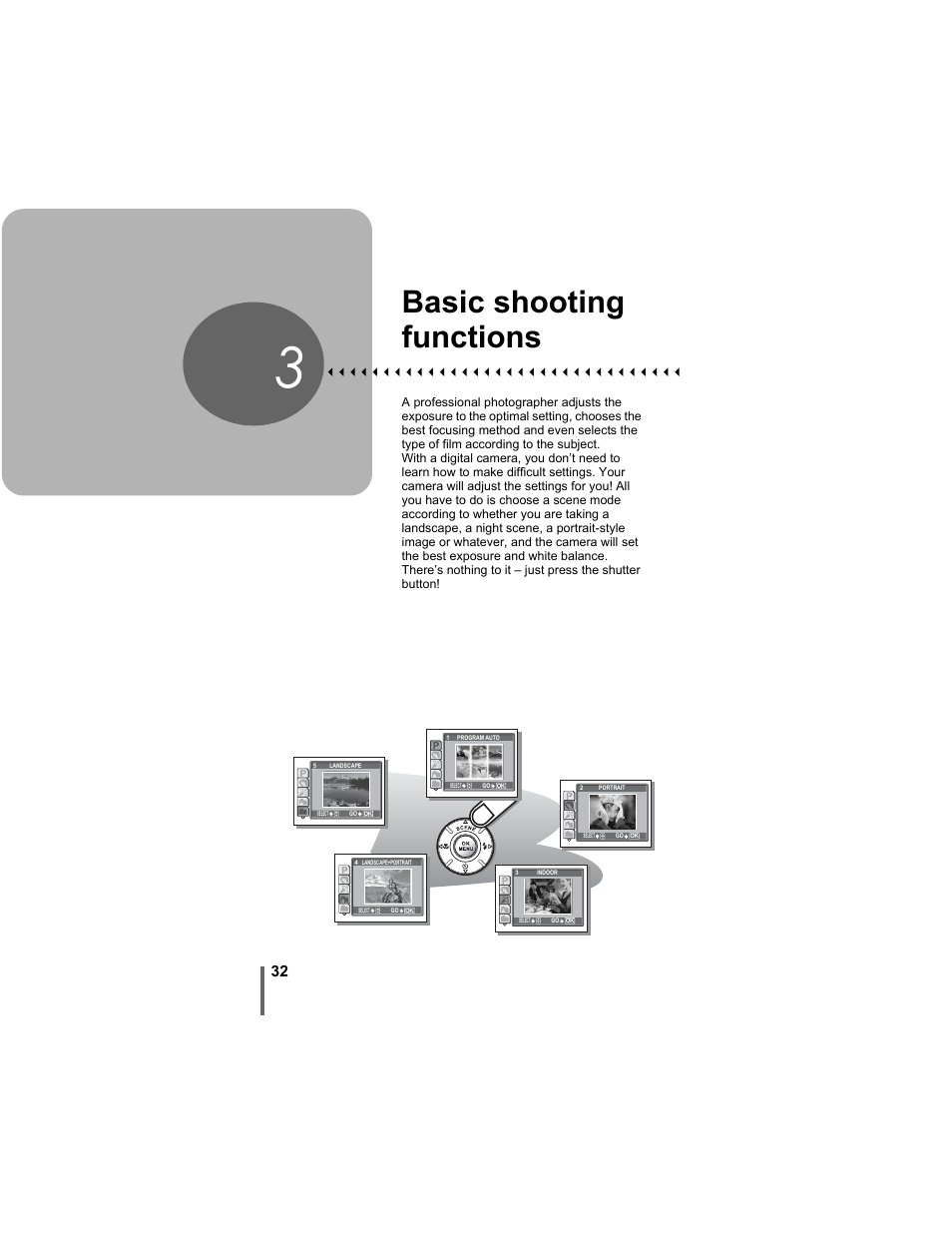 3 basic shooting functions, Basic shooting, Functions | P. 32, Basic shooting functions | Olympus FE-5500 User Manual | Page 32 / 134
