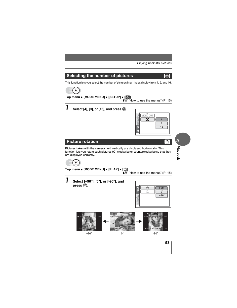 Selecting the number of pictures, Picture rotation, Selecting the number of pictures picture rotation | Select [4], [9], or [16], and press z | Olympus FE-5500 User Manual | Page 53 / 134