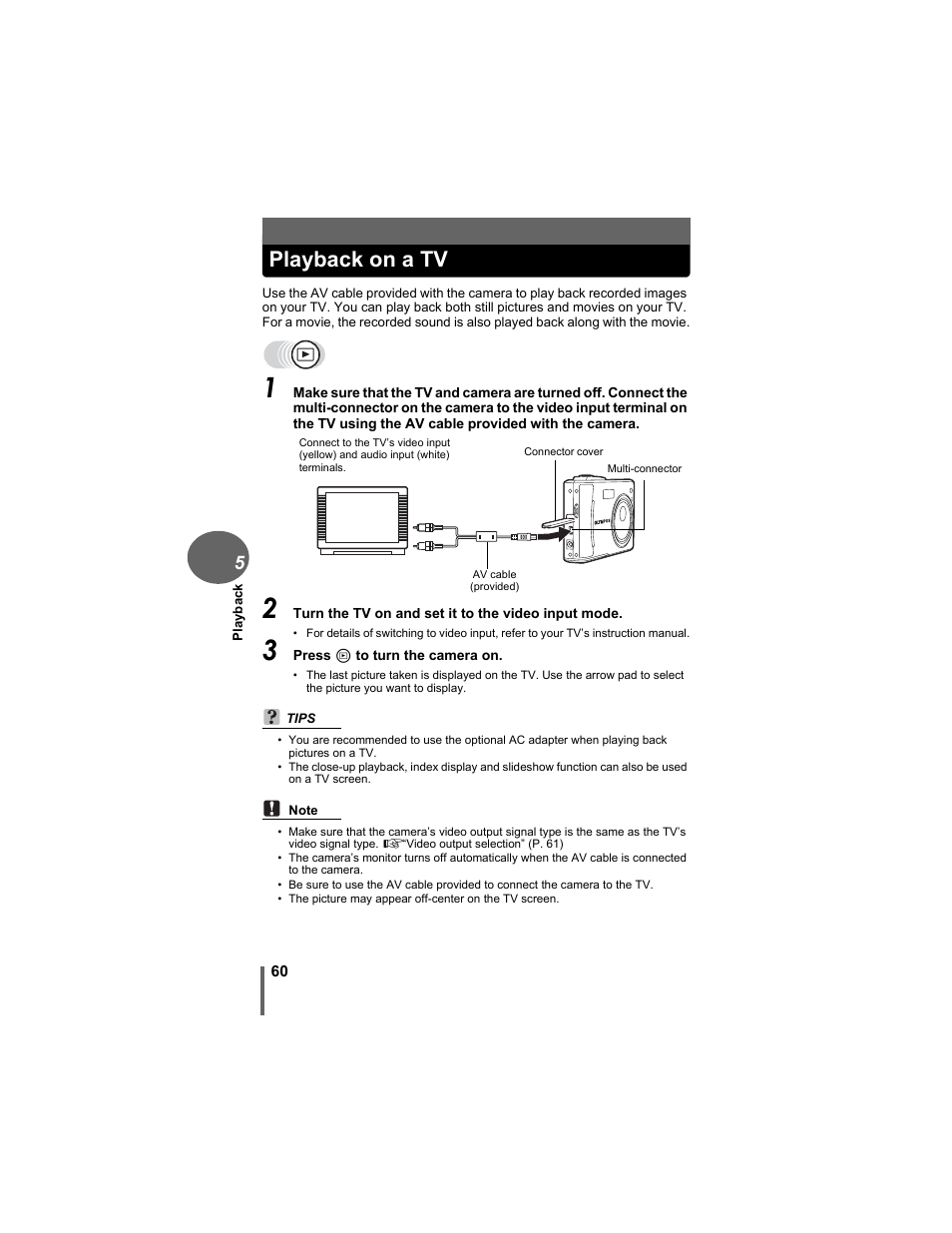 Playback on a tv | Olympus FE-5500 User Manual | Page 60 / 134