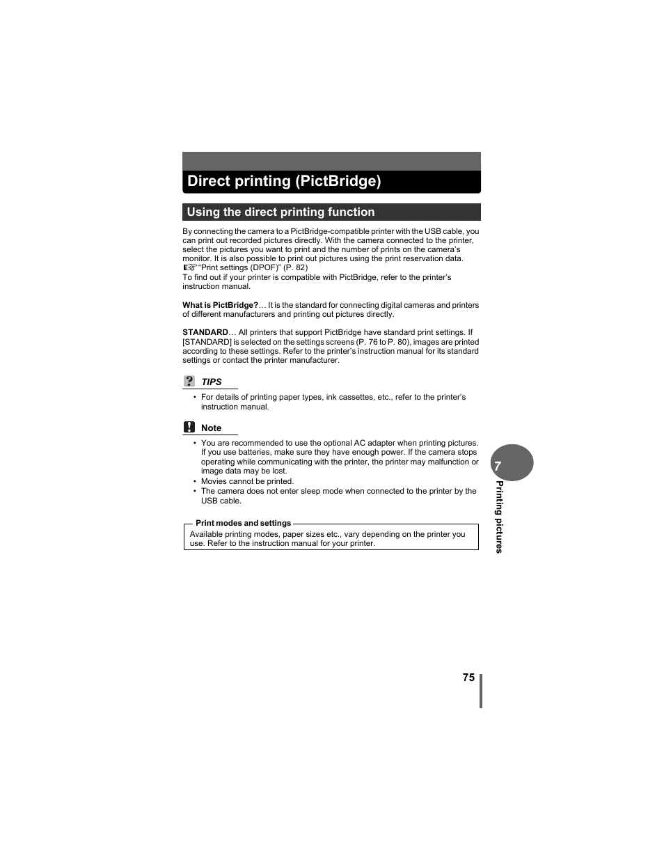 Direct printing (pictbridge), Using the direct printing function | Olympus FE-5500 User Manual | Page 75 / 134