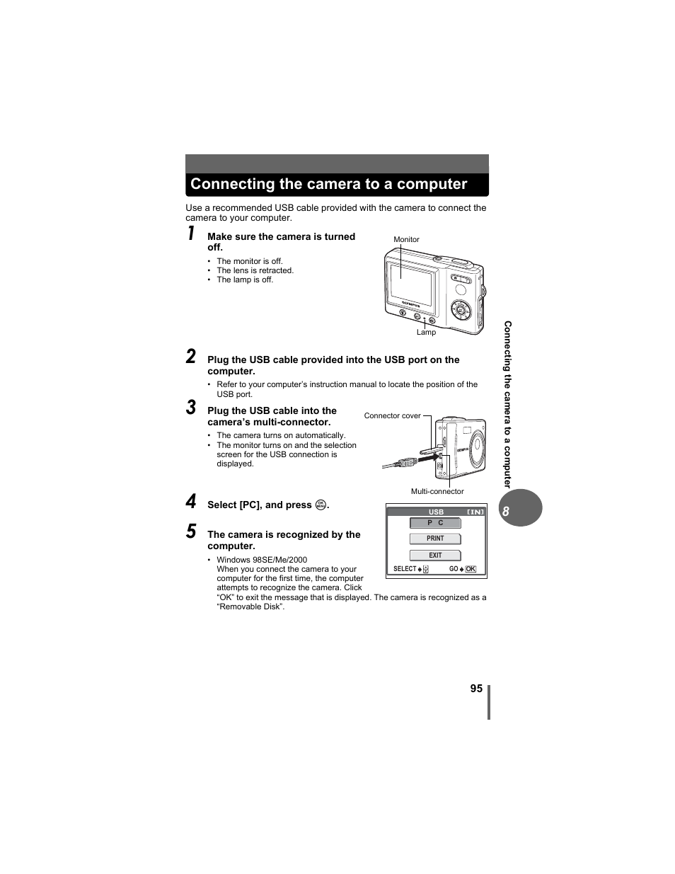 Connecting the camera to a computer, P. 95 | Olympus FE-5500 User Manual | Page 95 / 134