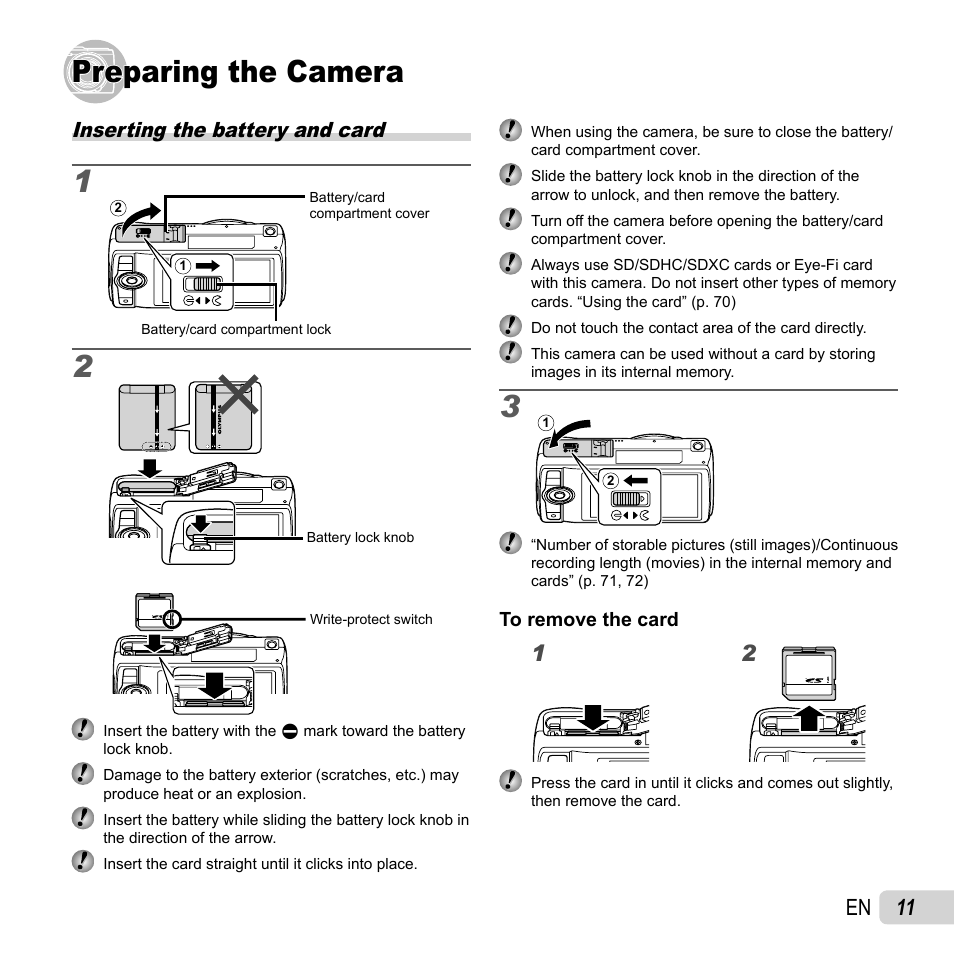 Preparing the camera, 11 en, Inserting the battery and card | Olympus SH-25MR User Manual | Page 11 / 91