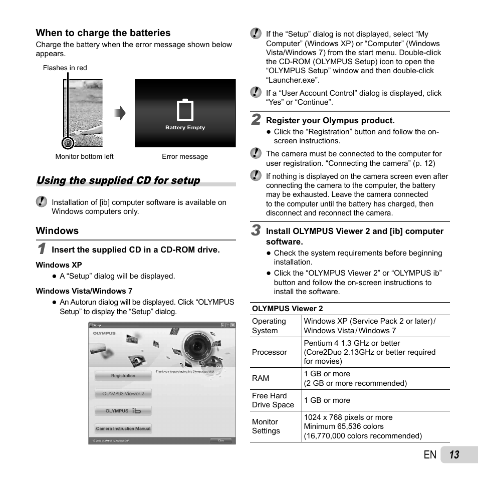 13 en, Using the supplied cd for setup | Olympus SH-25MR User Manual | Page 13 / 91
