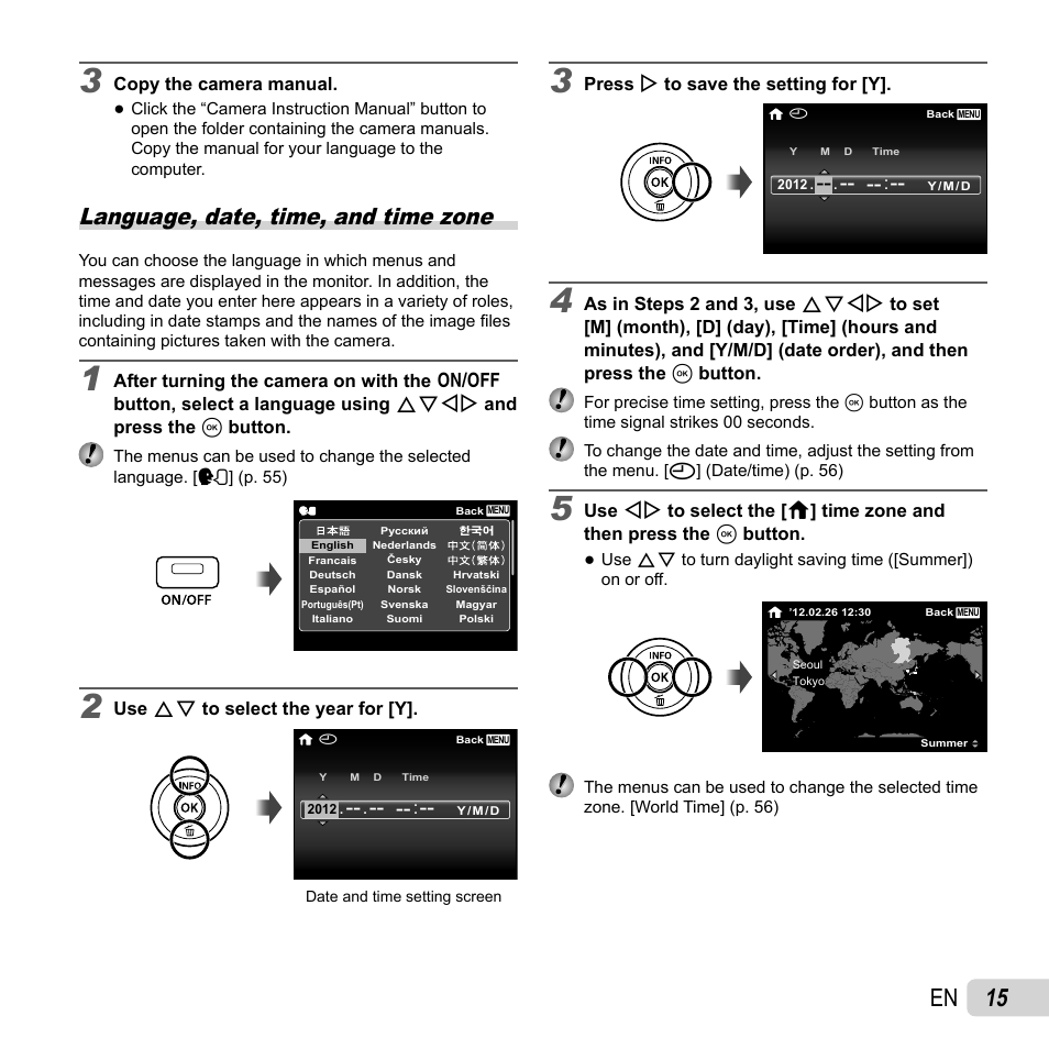 15 en, Language, date, time, and time zone | Olympus SH-25MR User Manual | Page 15 / 91