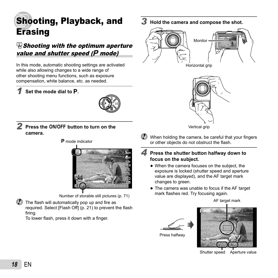 Shooting, playback, and erasing, Shooting, playback, and, Shooting, playback, and erasing erasing | 18 en | Olympus SH-25MR User Manual | Page 18 / 91