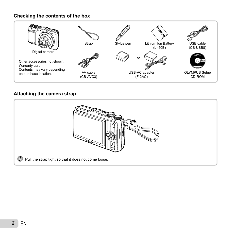 2 en, Checking the contents of the box, Attaching the camera strap | Olympus SH-25MR User Manual | Page 2 / 91
