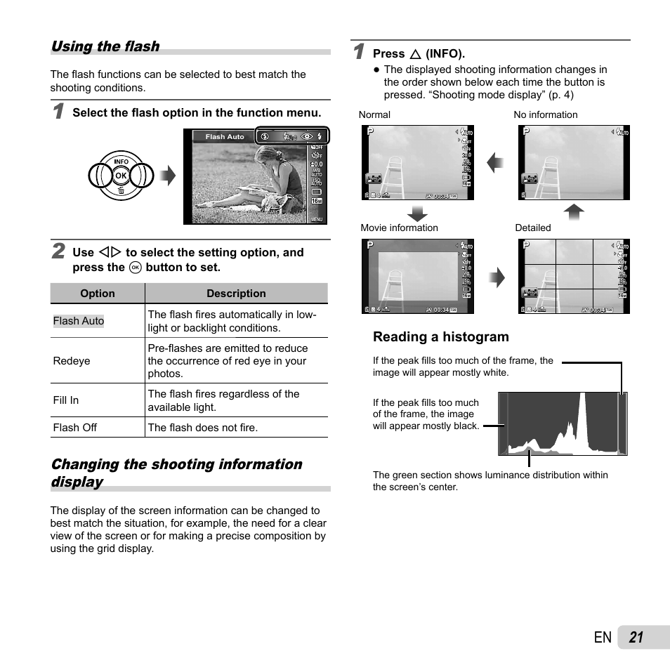 21 en, Using the fl ash, Changing the shooting information display | Reading a histogram, Press f (info), Select the fl ash option in the function menu, Normal movie information no information detailed | Olympus SH-25MR User Manual | Page 21 / 91