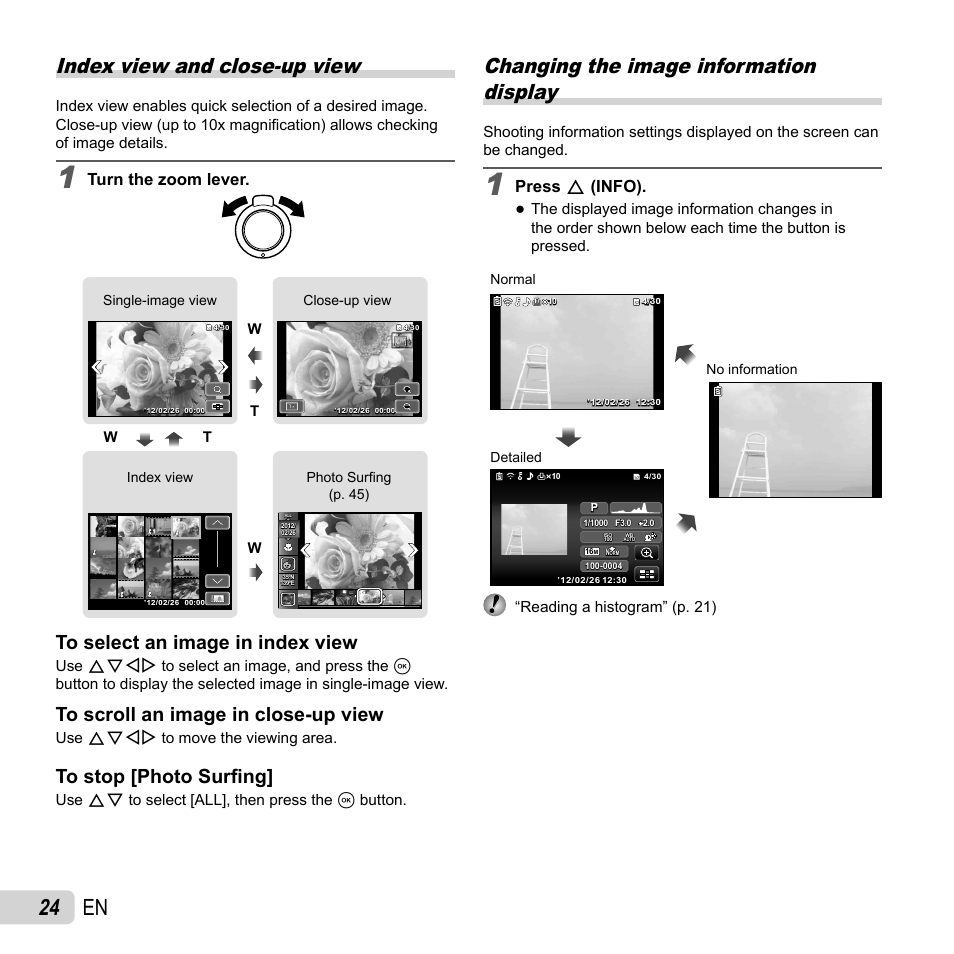 24 en, Index view and close-up view, Changing the image information display | Turn the zoom lever, Press f (info), Use fghi to move the viewing area, Use fg to select [all], then press the a button, Reading a histogram” (p. 21) | Olympus SH-25MR User Manual | Page 24 / 91
