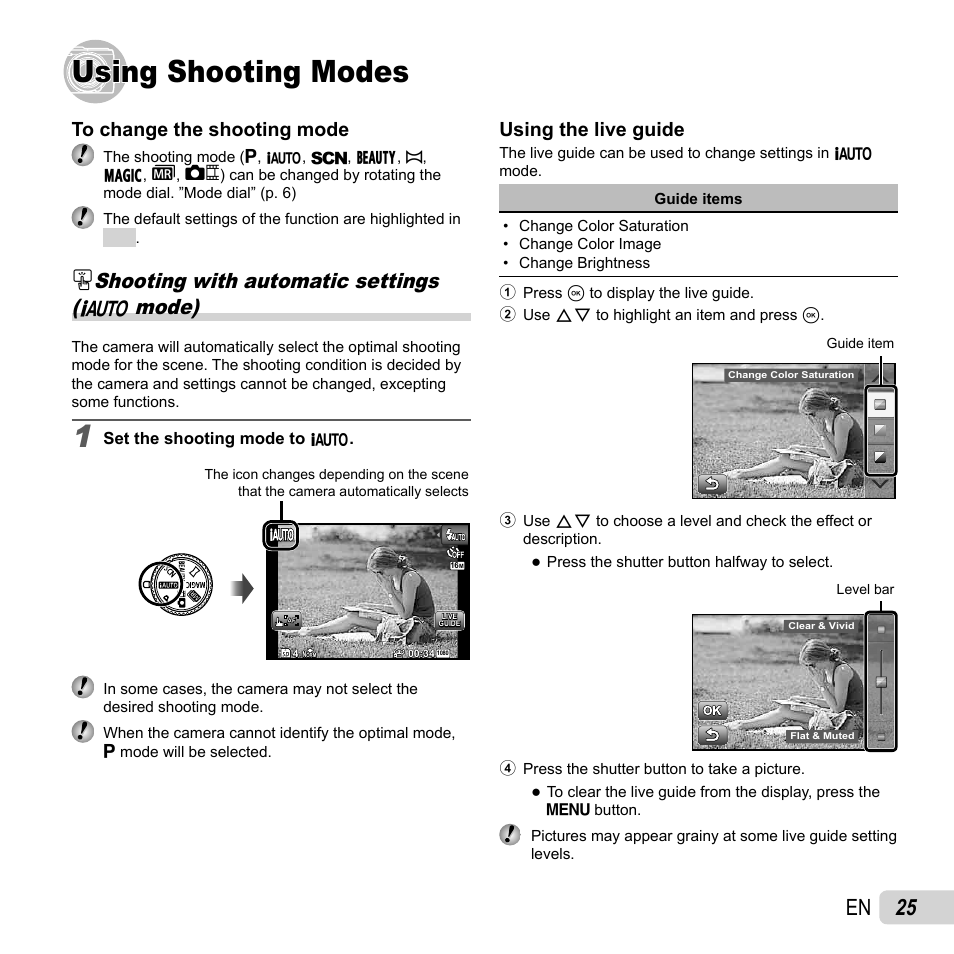 Using shooting modes, 25 en, Shooting with automatic settings ( m mode) | Using the live guide | Olympus SH-25MR User Manual | Page 25 / 91