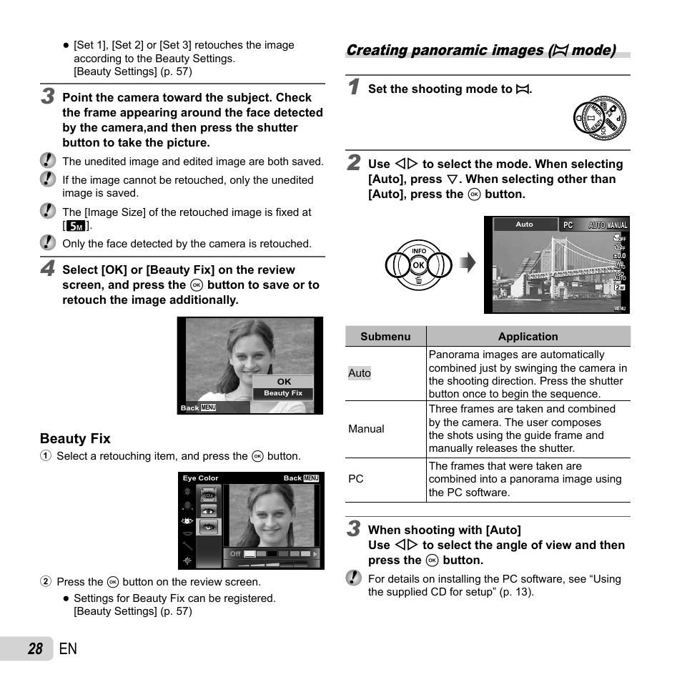 28 en, Creating panoramic images ( p mode), Beauty fix | Olympus SH-25MR User Manual | Page 28 / 91