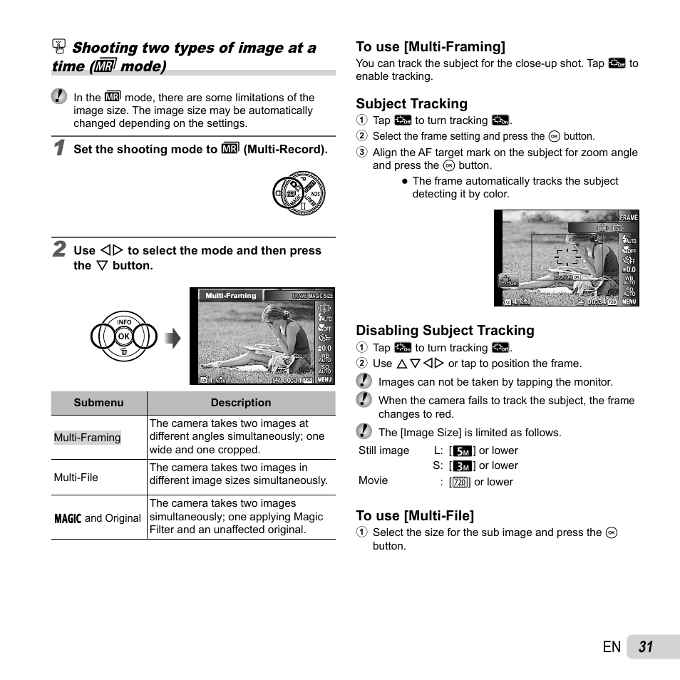 31 en, Shooting two types of image at a time ( - mode), Subject tracking | Disabling subject tracking | Olympus SH-25MR User Manual | Page 31 / 91