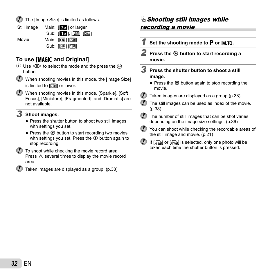 32 en, Shooting still images while recording a movie | Olympus SH-25MR User Manual | Page 32 / 91