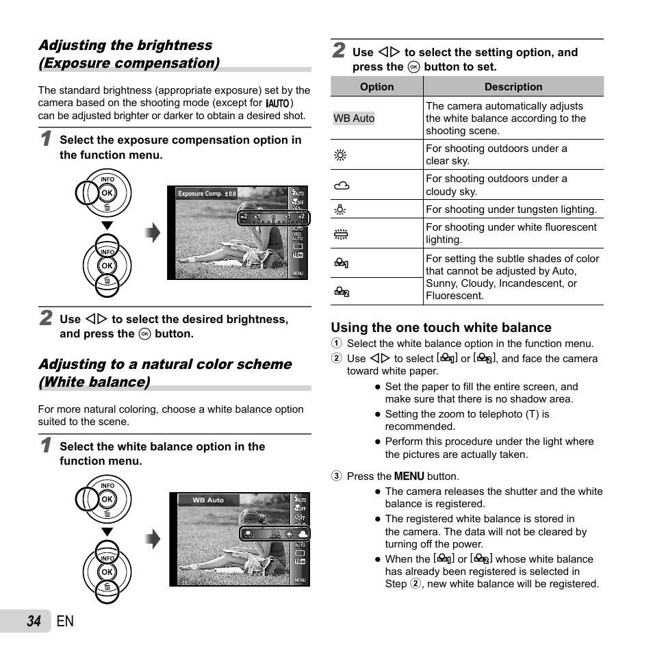 34 en, Adjusting the brightness (exposure compensation), Using the one touch white balance | Olympus SH-25MR User Manual | Page 34 / 91