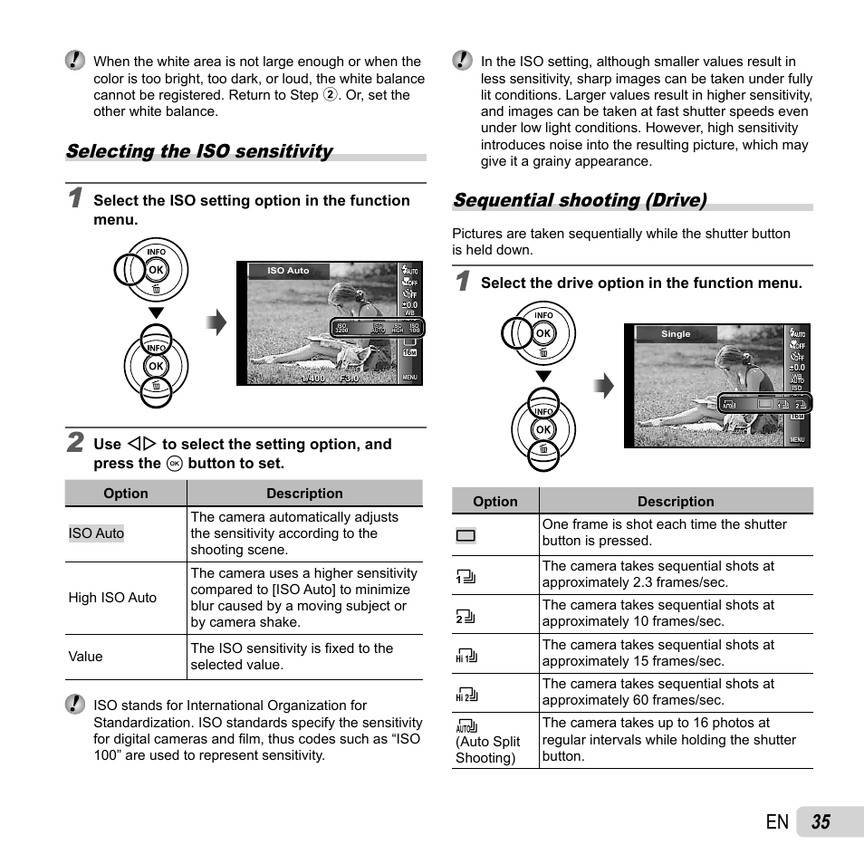 35 en, Selecting the iso sensitivity, Sequential shooting (drive) | Select the iso setting option in the function menu, Select the drive option in the function menu | Olympus SH-25MR User Manual | Page 35 / 91