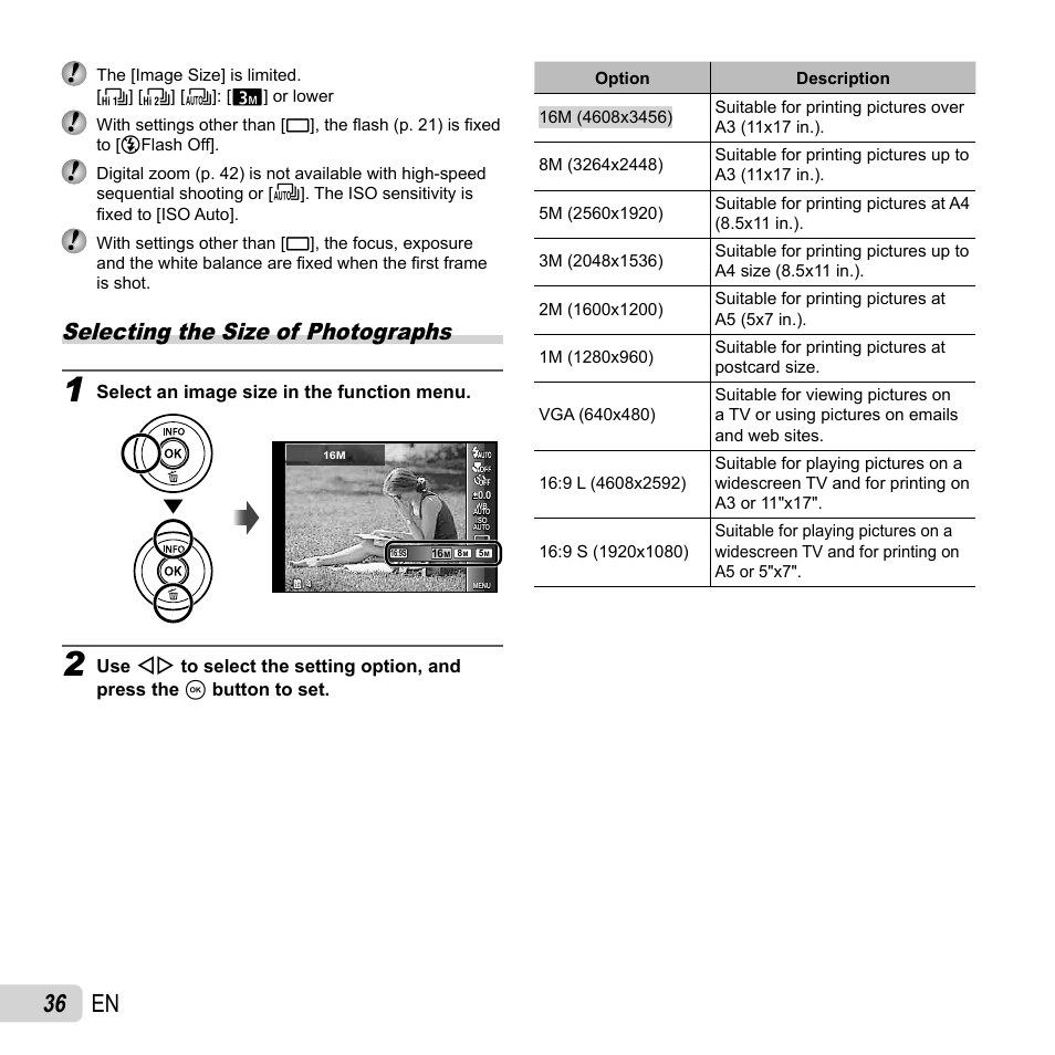36 en, Selecting the size of photographs | Olympus SH-25MR User Manual | Page 36 / 91