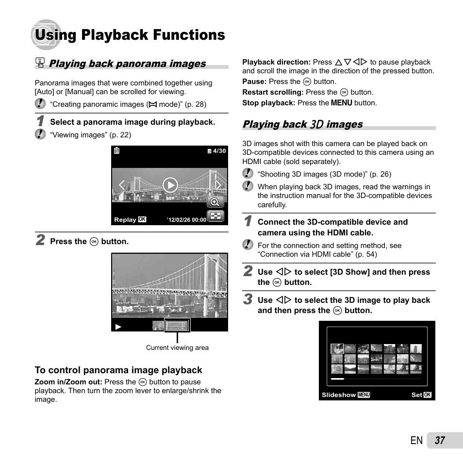 Using playback functions, 37 en, Playing back panorama images | Playing back w images | Olympus SH-25MR User Manual | Page 37 / 91