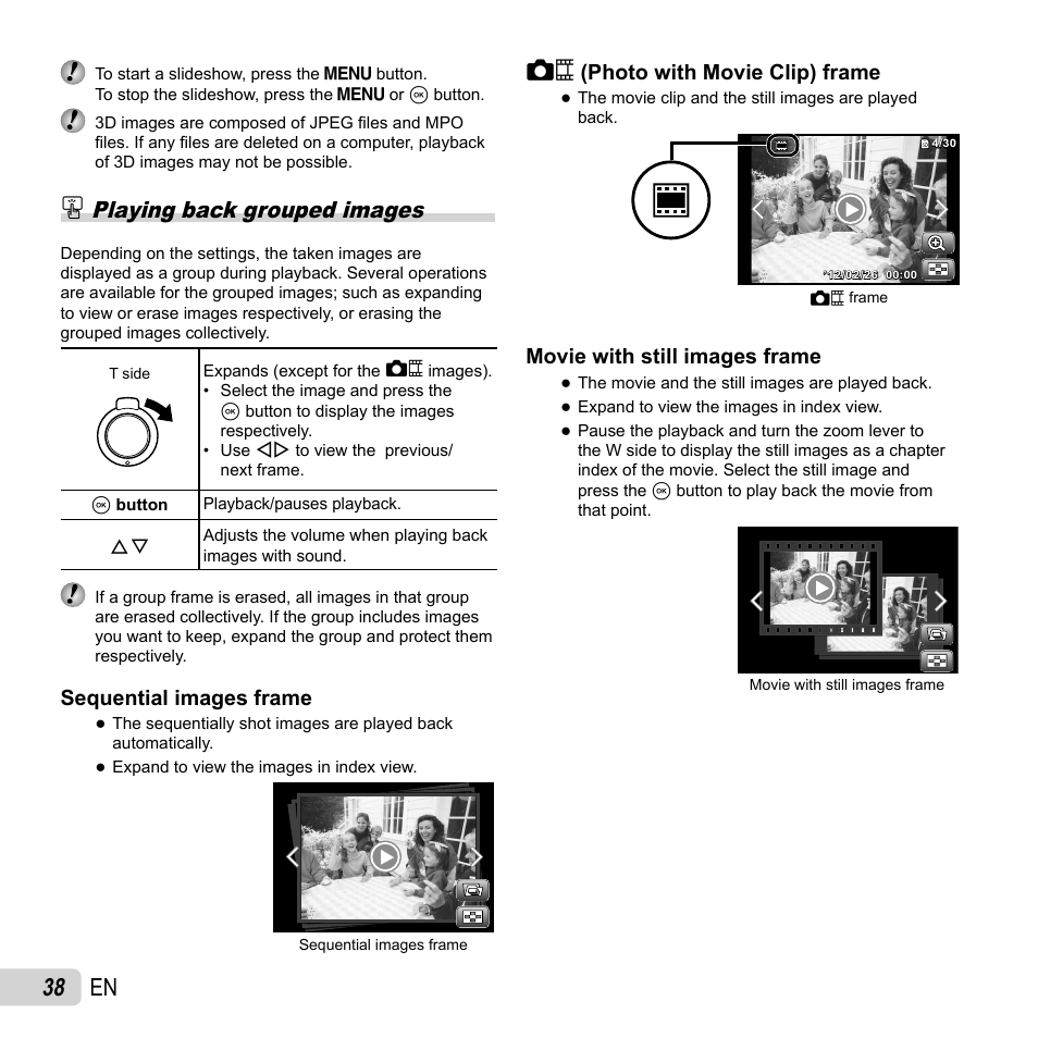 38 en, Playing back grouped images, Sequential images frame | Movie with still images frame | Olympus SH-25MR User Manual | Page 38 / 91