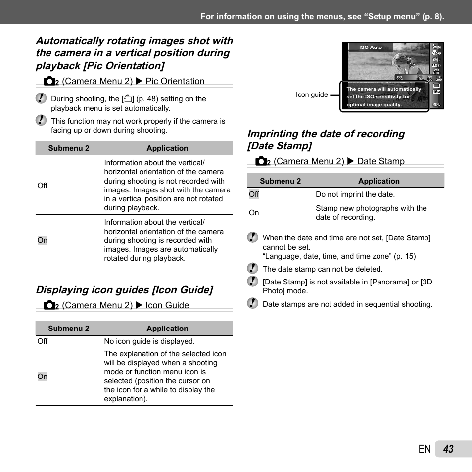 43 en, Displaying icon guides [icon guide, J (camera menu 2) x pic orientation | J (camera menu 2) x icon guide, J (camera menu 2) x date stamp | Olympus SH-25MR User Manual | Page 43 / 91