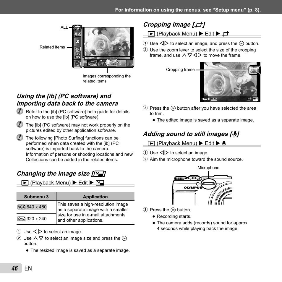 46 en, Changing the image size, Changing the image size [ q q | Cropping image, Cropping image [ p p | Olympus SH-25MR User Manual | Page 46 / 91