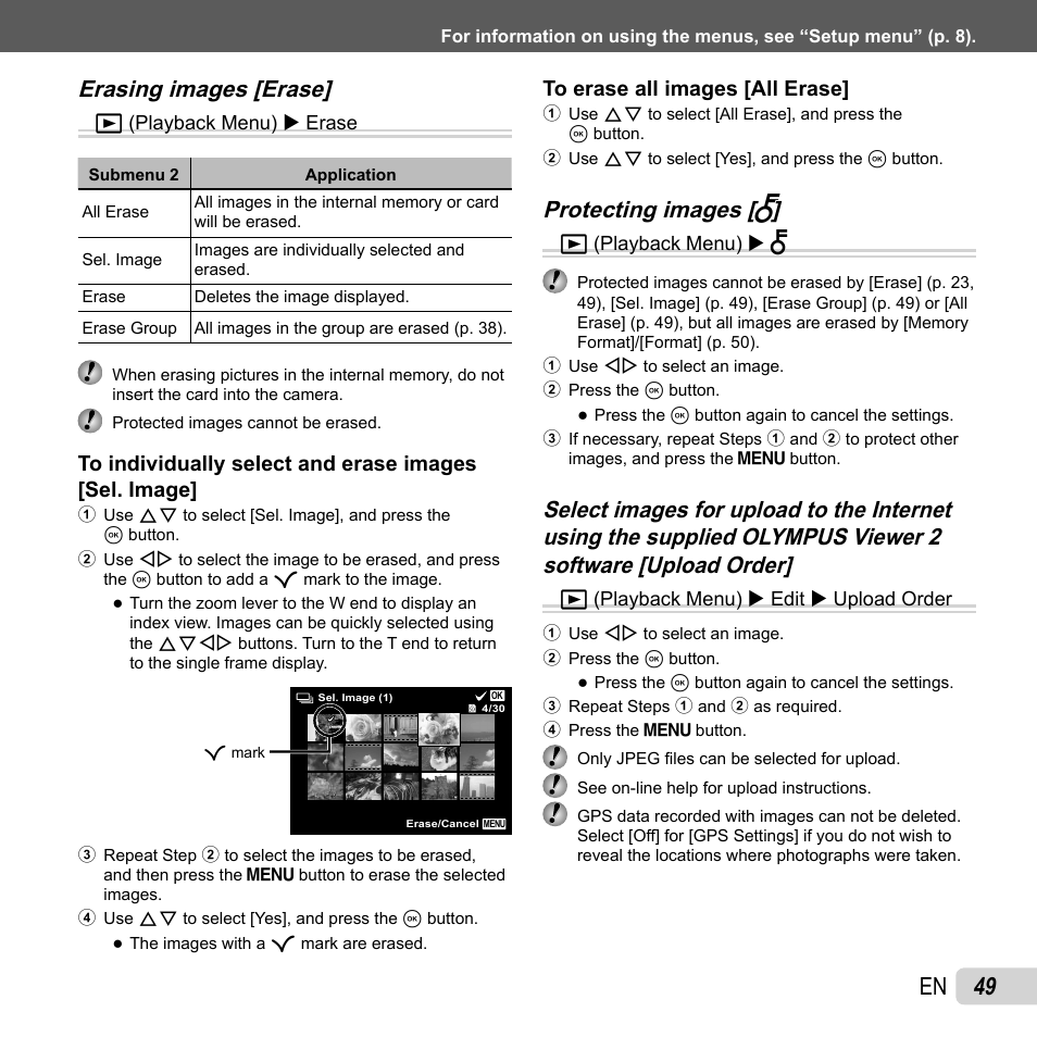 49 en, Erasing images [erase, Protecting images [ protecting images [ r r | Olympus SH-25MR User Manual | Page 49 / 91