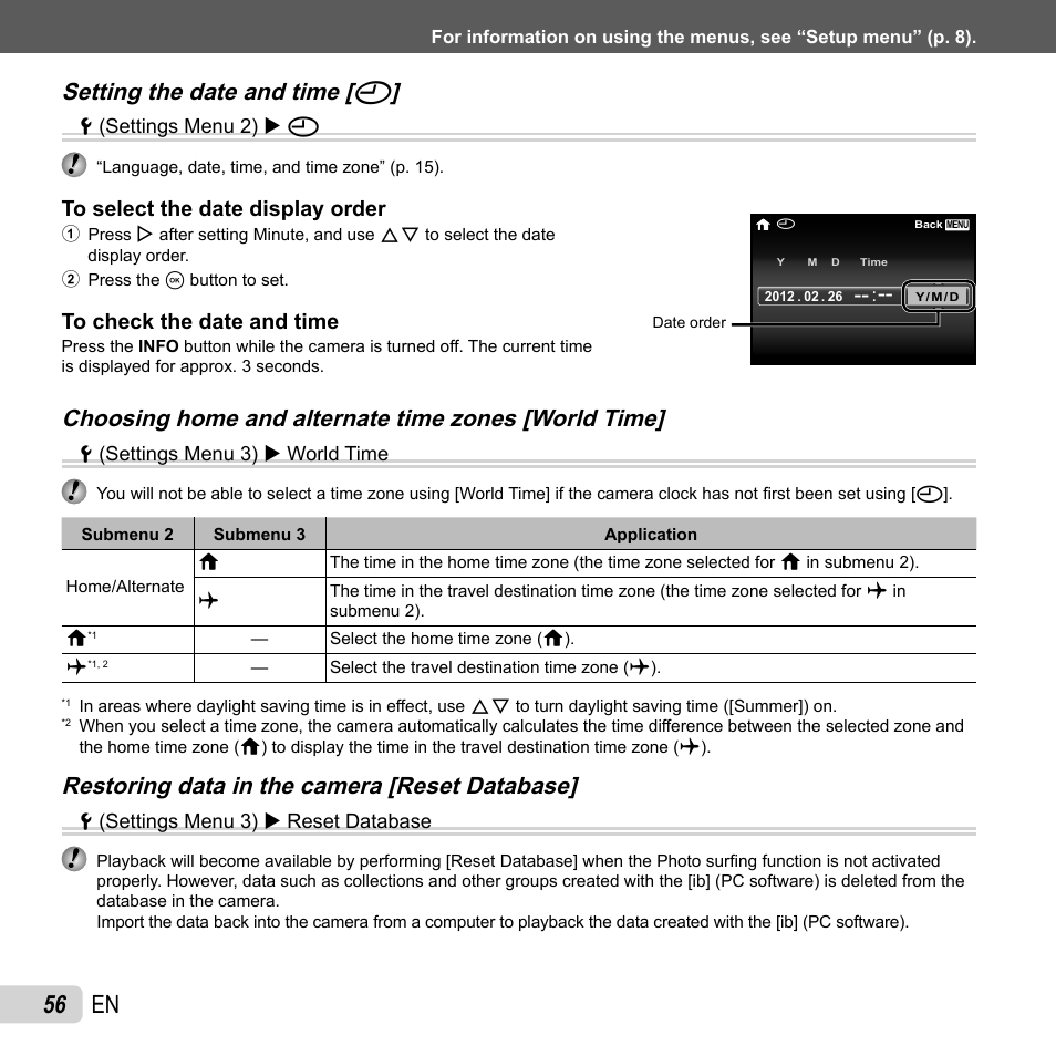 56 en, Setting the date and time, Setting the date and time [ x x | Choosing home and alternate time zones [world time, Restoring data in the camera [reset database | Olympus SH-25MR User Manual | Page 56 / 91