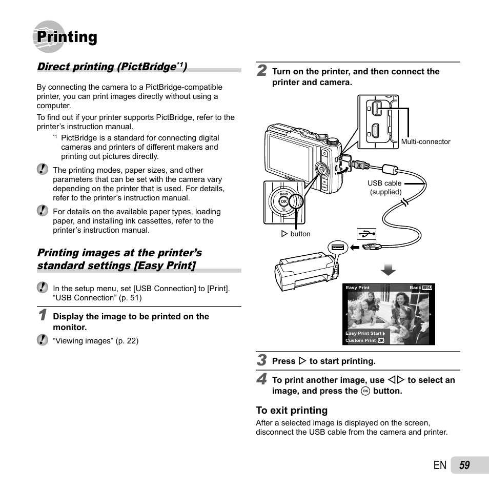 Printing, 59 en, Direct printing (pictbridge | Olympus SH-25MR User Manual | Page 59 / 91