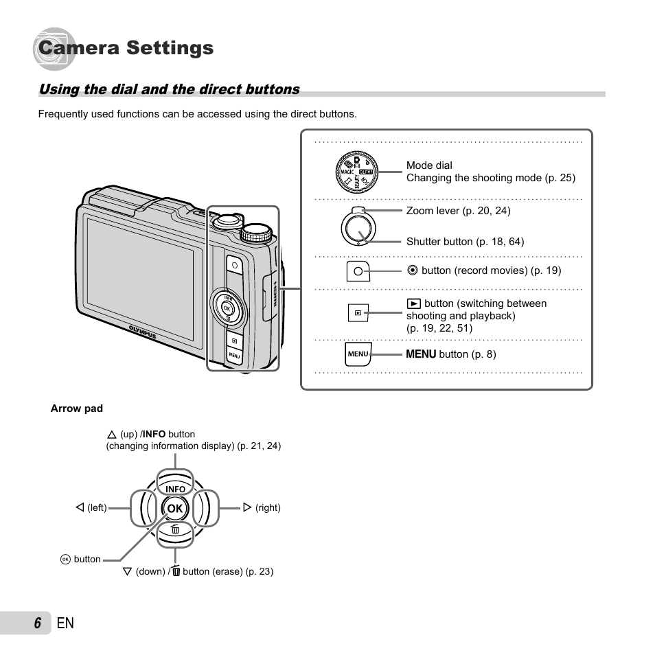 Camera settings, 6 en, Using the dial and the direct buttons | Olympus SH-25MR User Manual | Page 6 / 91