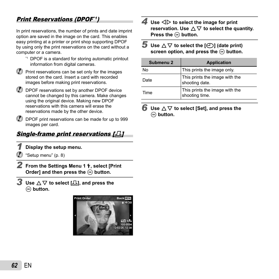 62 en, Print reservations (dpof, Single-frame print reservations | Olympus SH-25MR User Manual | Page 62 / 91
