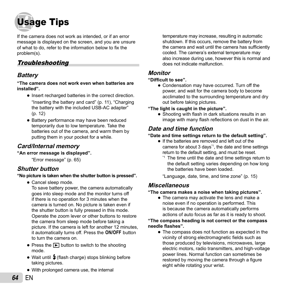 Usage tips, 64 en, Troubleshooting | Olympus SH-25MR User Manual | Page 64 / 91