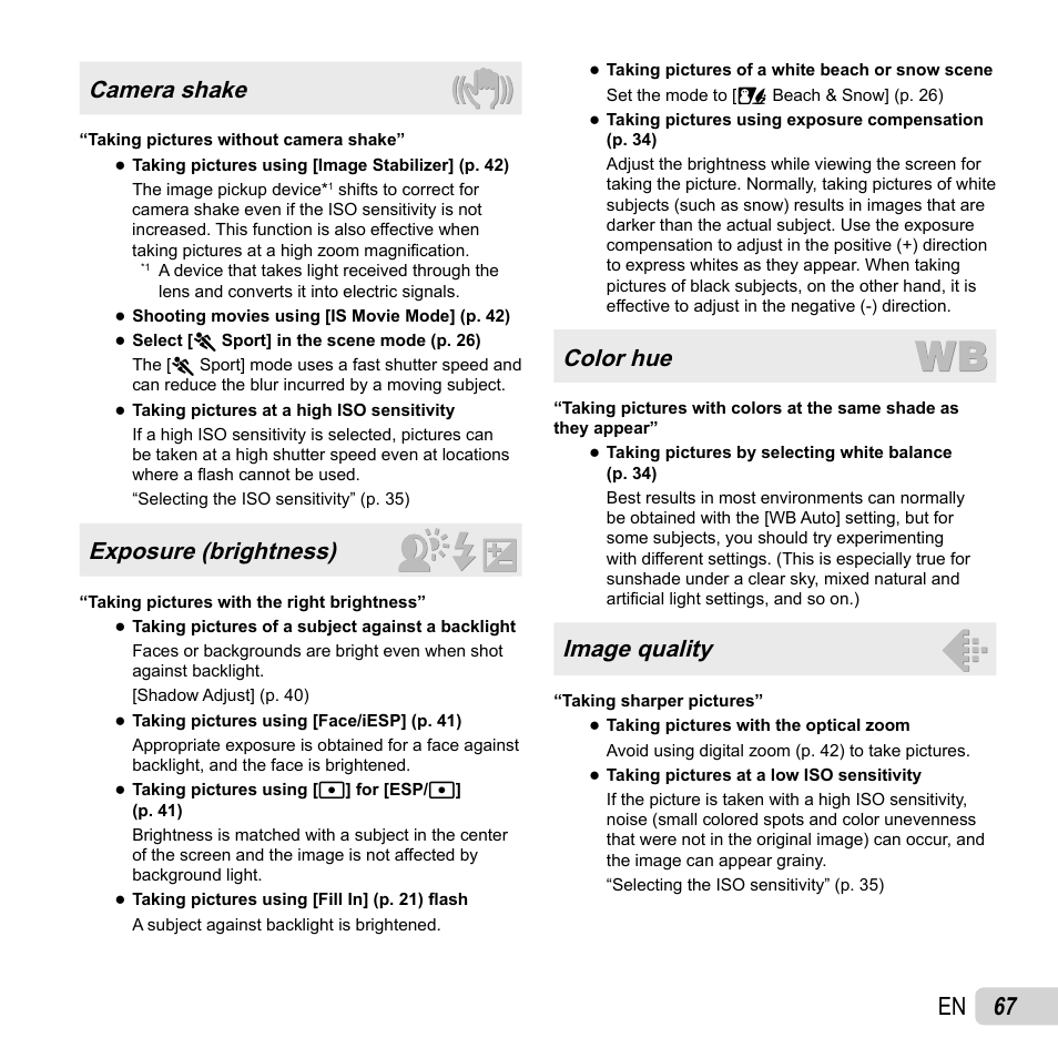 67 en, Camera shake, Exposure (brightness) | Color hue, Image quality | Olympus SH-25MR User Manual | Page 67 / 91