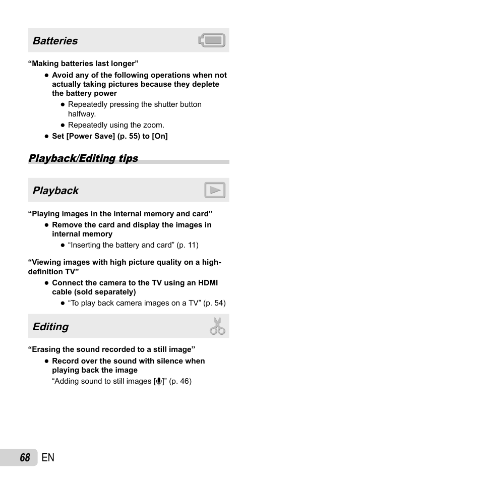 68 en, Batteries, Playback/editing tips playback | Editing | Olympus SH-25MR User Manual | Page 68 / 91