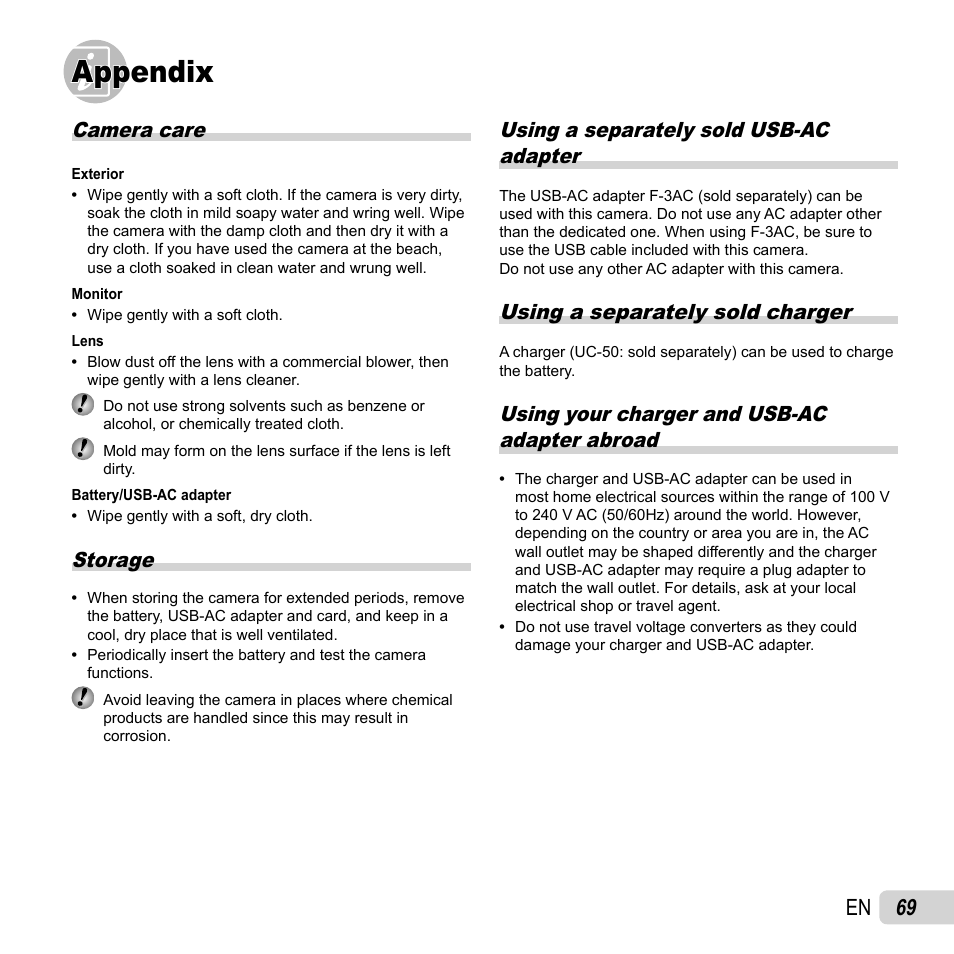 Appendix, 69 en, Camera care | Storage, Using a separately sold usb-ac adapter, Using a separately sold charger, Using your charger and usb-ac adapter abroad | Olympus SH-25MR User Manual | Page 69 / 91