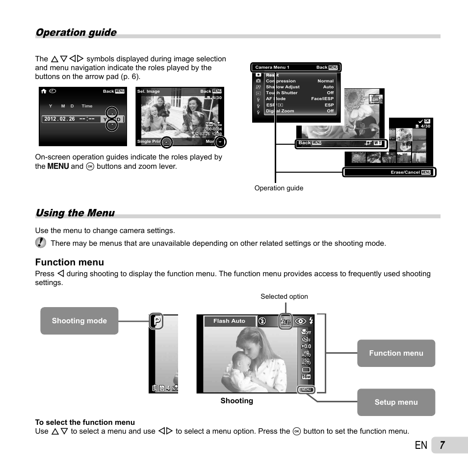 Operation guide, Using the menu, Function menu | Shooting function menu | Olympus SH-25MR User Manual | Page 7 / 91
