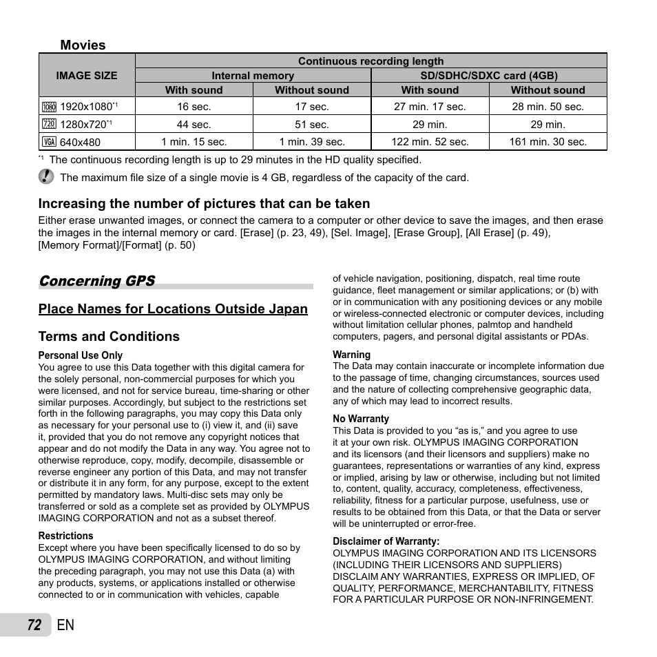 72 en, Concerning gps, Place names for locations outside japan | Movies | Olympus SH-25MR User Manual | Page 72 / 91