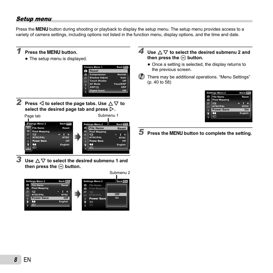 8 en, Setup menu, Press the m button | Press the m button to complete the setting, The setup menu is displayed, Page tab, Submenu 1, Submenu 2 | Olympus SH-25MR User Manual | Page 8 / 91