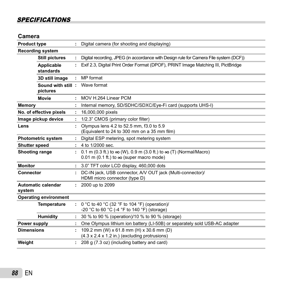 88 en, Specifications, Camera | Olympus SH-25MR User Manual | Page 88 / 91