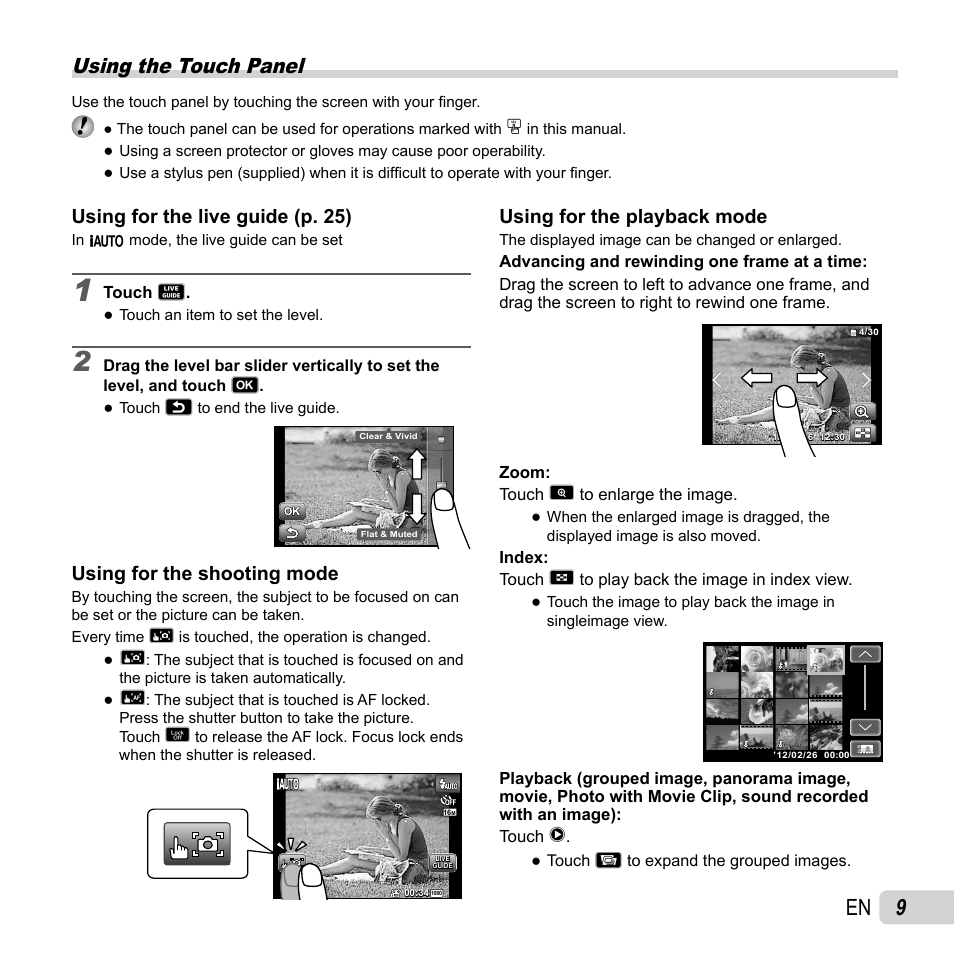 Using the touch panel, Using for the live guide (p. 25), Using for the shooting mode | Using for the playback mode | Olympus SH-25MR User Manual | Page 9 / 91