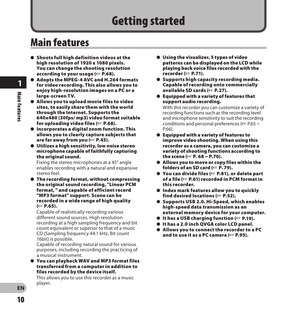 Getting started, Main features | Olympus LS-20M User Manual | Page 10 / 108