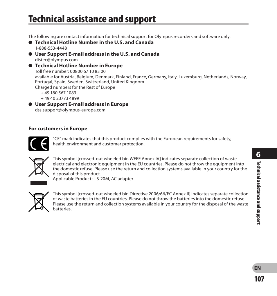 Technical.assistance.and.support, Technical assistance and support | Olympus LS-20M User Manual | Page 107 / 108