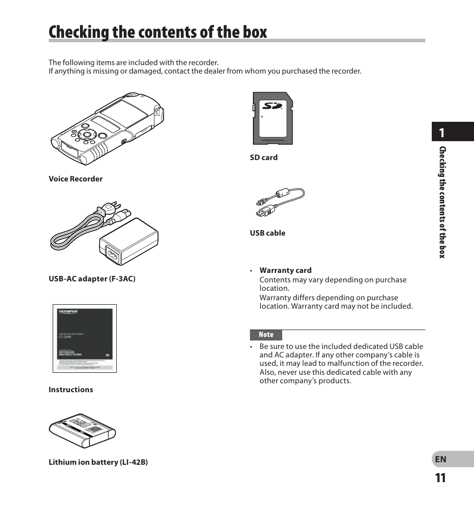 Getting started, Main.features, Checking the contents of the box | Olympus LS-20M User Manual | Page 11 / 108