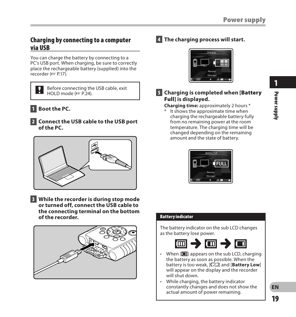 Charging by connecting to a computer via usb, Power supply | Olympus LS-20M User Manual | Page 19 / 108