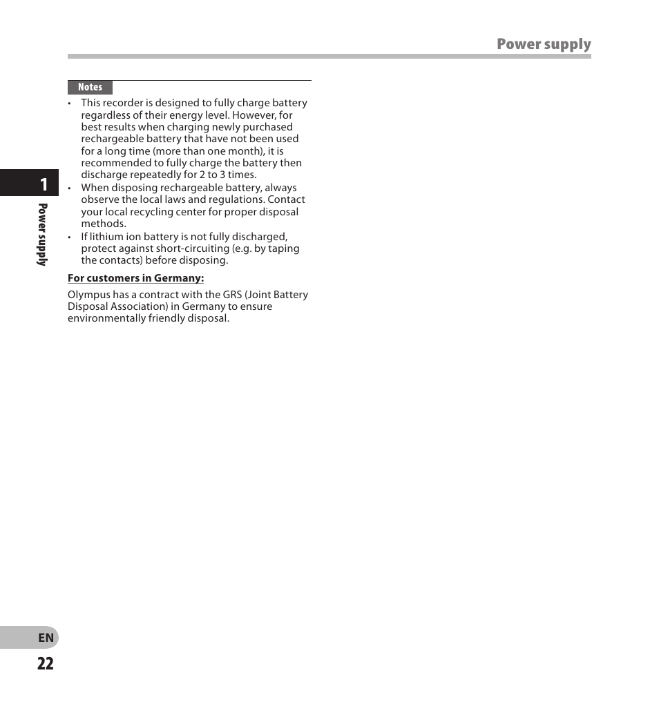 Power supply | Olympus LS-20M User Manual | Page 22 / 108