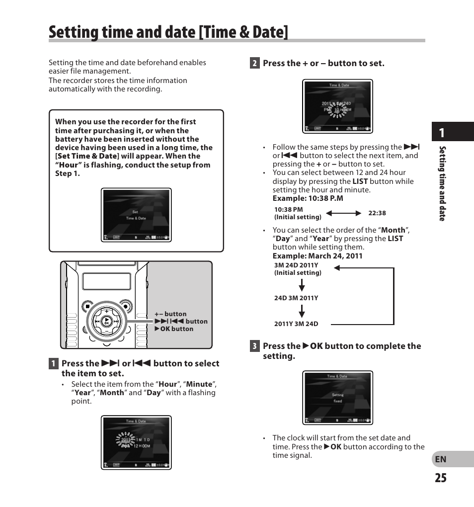 Setting.time.and.date.[time.&.date, Setting time and date [time & date | Olympus LS-20M User Manual | Page 25 / 108